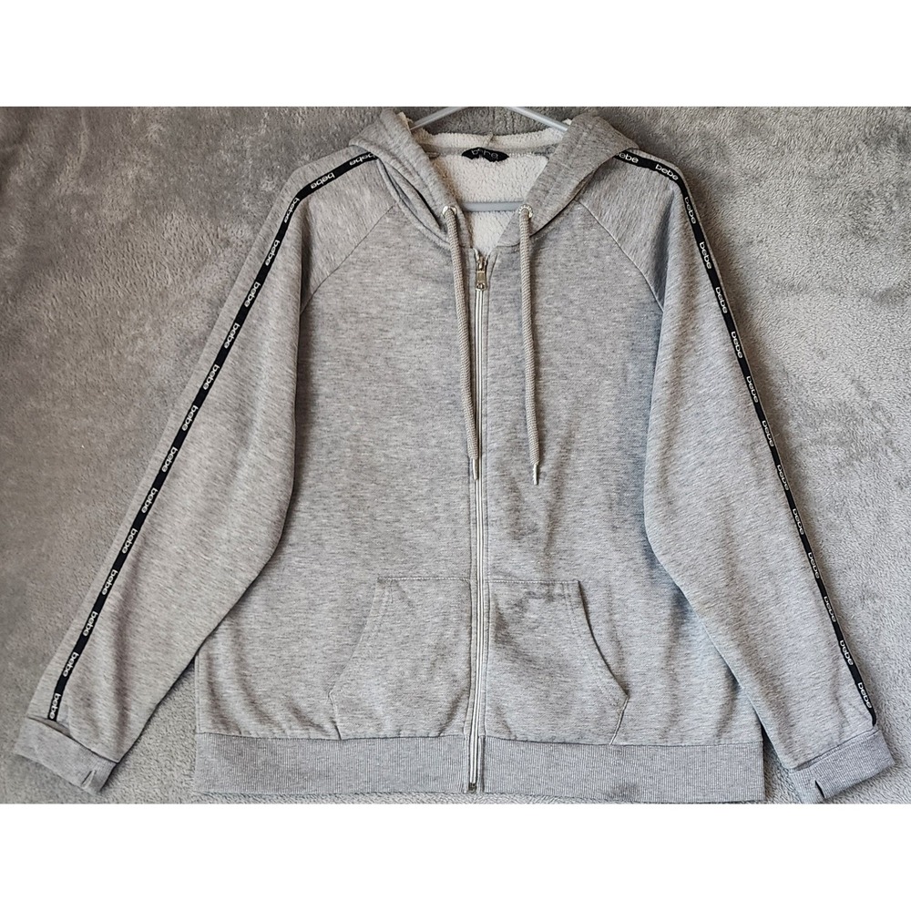 Bebe Sport Hoodie Womens 2X Gray Full Zip Faux Shearling Lined Logo Tape Sleeve